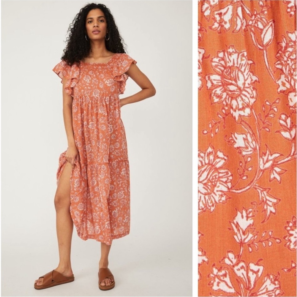 Free People Bonita Printed Midi Dress in Neutral Combo